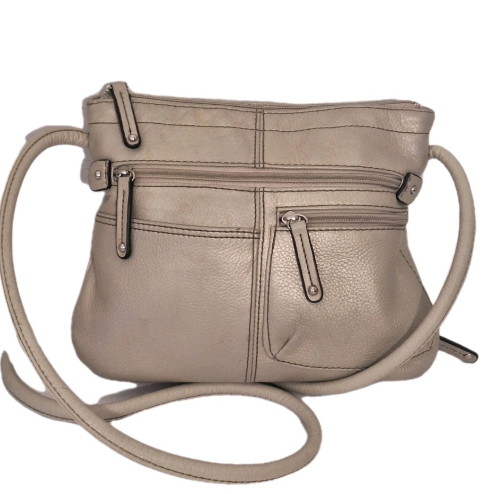 Tignanello Crossbody Beige Metallic Pebbled Leather Shoulder Handbag Purse